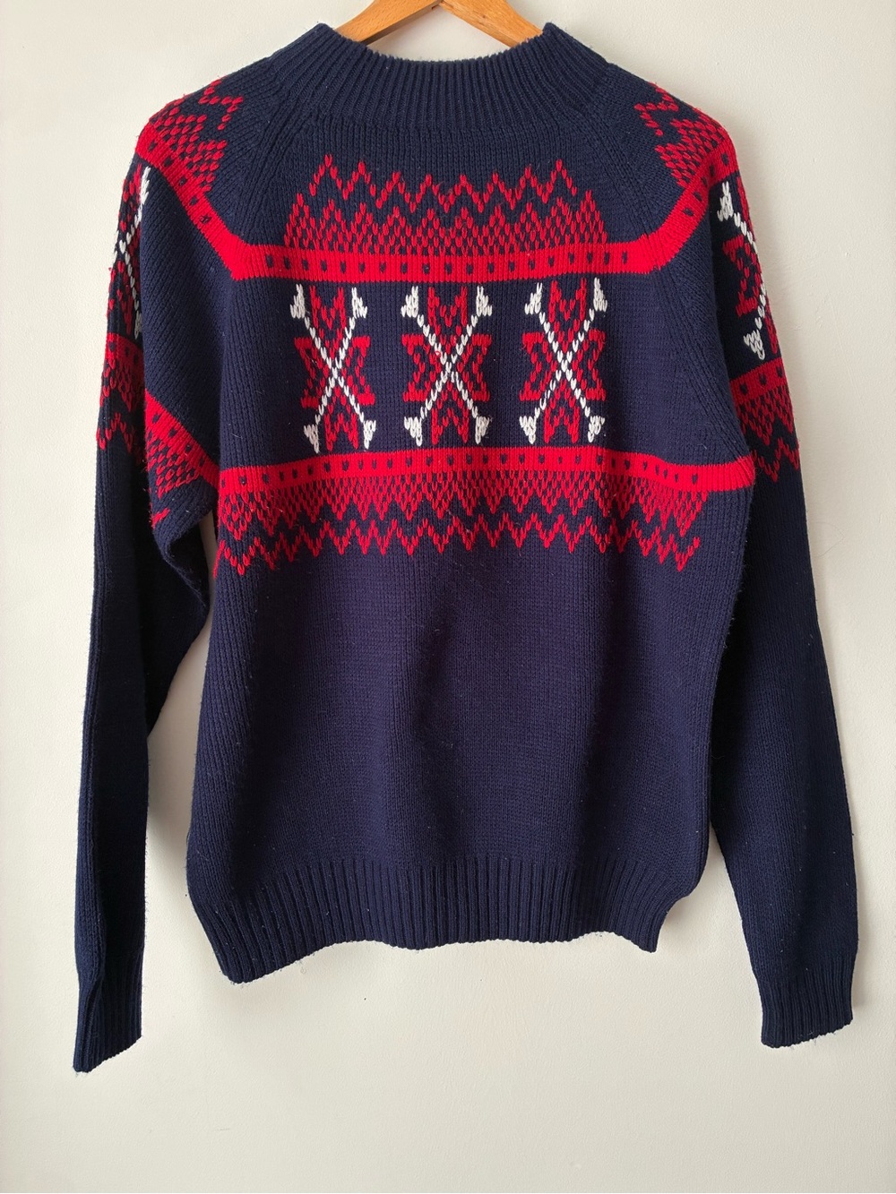 JCPenney Sweater Men’s XL Vintage 70s Fair Isle Nordic Ski Navy Red Pullover